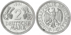 Kursmünzen
2 Deutsche Mark Ähren, Kupfer/Nickel 1951
1951 J. prägefrisch/fast Stempelglanz. Jaeger 386.