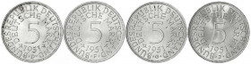 Kursmünzen
5 Deutsche Mark Silber 1951-1974
Kompletter Jahrgang 1951 D,F,G,J. alle prägefrisch/Stempelglanz. Jaeger 387.