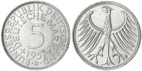 Kursmünzen
5 Deutsche Mark Silber 1951-1974
1957 D. vorzüglich/Stempelglanz. Jaeger 387.