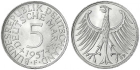 Kursmünzen
5 Deutsche Mark Silber 1951-1974
1957 F. prägefrisch/fast Stempelglanz. Jaeger 387.