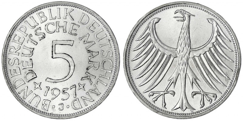 Kursmünzen
5 Deutsche Mark Silber 1951-1974
1957 J. fast Stempelglanz, Prachte...