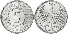 Kursmünzen
5 Deutsche Mark Silber 1951-1974
1957 J. fast Stempelglanz, Prachtexemplar. Jaeger 387.