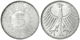 Kursmünzen
5 Deutsche Mark Silber 1951-1974
1958 D. prägefrisch/fast Stempelglanz. Jaeger 387.