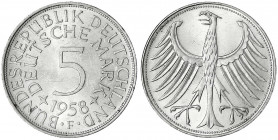 Kursmünzen
5 Deutsche Mark Silber 1951-1974
1958 F. prägefrisch/fast Stempelglanz, selten in dieser Erhaltung. Jaeger 387.
