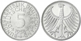 Kursmünzen
5 Deutsche Mark Silber 1951-1974
1958 G. fast Stempelglanz, min. Randfehler, Prachtexemplar. Jaeger 387.