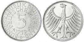 Kursmünzen
5 Deutsche Mark Silber 1951-1974
1959 D. fast Stempelglanz, Prachtexemplar. Jaeger 387.