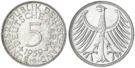 Kursmünzen
5 Deutsche Mark Silber 1951-1974
1959 G. prägefrisch/fast Stempelglanz, feine Tönung. Jaeger 387.