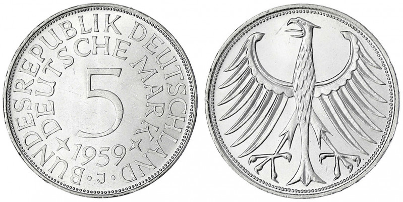 Kursmünzen
5 Deutsche Mark Silber 1951-1974
1959 J. fast Stempelglanz, Prachte...