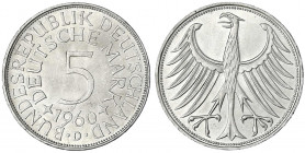 Kursmünzen
5 Deutsche Mark Silber 1951-1974
1960 D. fast Stempelglanz, Prachtexemplar. Jaeger 387.