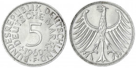 Kursmünzen
5 Deutsche Mark Silber 1951-1974
1960 F. fast Stempelglanz, Prachtexemplar. Jaeger 387.