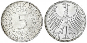 Kursmünzen
5 Deutsche Mark Silber 1951-1974
1960 G. fast Stempelglanz, Prachtexemplar, feine Tönung. Jaeger 387.