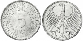 Kursmünzen
5 Deutsche Mark Silber 1951-1974
1960 G. fast Stempelglanz. Jaeger 387.