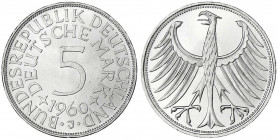 Kursmünzen
5 Deutsche Mark Silber 1951-1974
1960 J. fast Stempelglanz, Prachtexemplar. Jaeger 387.