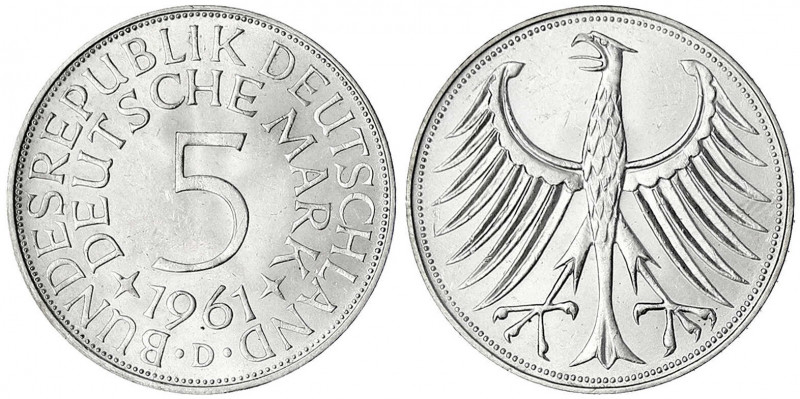 Kursmünzen
5 Deutsche Mark Silber 1951-1974
1961 D. prägefrisch/fast Stempelgl...