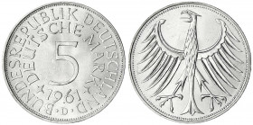 Kursmünzen
5 Deutsche Mark Silber 1951-1974
1961 D. prägefrisch/fast Stempelglanz. Jaeger 387.