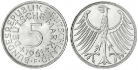 Kursmünzen
5 Deutsche Mark Silber 1951-1974
1961 F. fast Stempelglanz, Prachtexemplar. Jaeger 387.