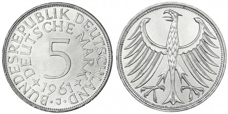 Kursmünzen
5 Deutsche Mark Silber 1951-1974
1961 J. fast Stempelglanz, winz. K...