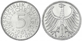 Kursmünzen
5 Deutsche Mark Silber 1951-1974
1961 J. fast Stempelglanz, winz. Kratzer, Prachtexemplar. Jaeger 387.