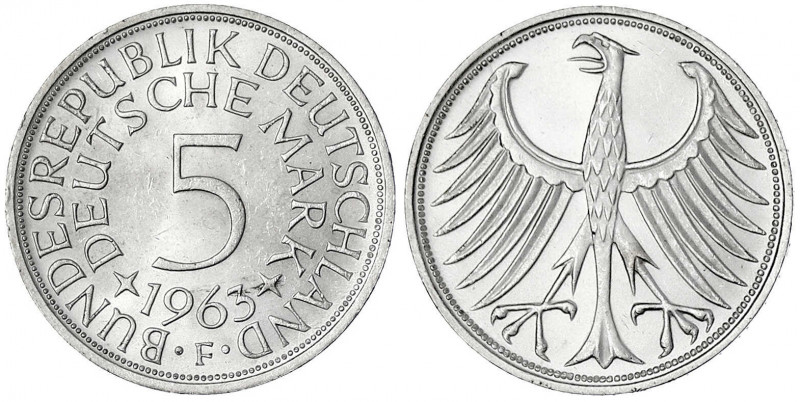 Kursmünzen
5 Deutsche Mark Silber 1951-1974
1963 F. fast Stempelglanz, Prachte...