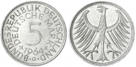 Kursmünzen
5 Deutsche Mark Silber 1951-1974
1964 G. fast Stempelglanz aus Erstabschlag. Jaeger 387.