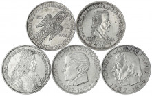 Gedenkmünzen
5 Deutsche Mark, Silber, 1952-1979
Die ersten fünf Gedenkmünzen 1952 bis 1964, Germanisches Museum, Schiller, Markgraf v. Baden, Eichen...