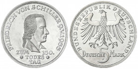 Gedenkmünzen
5 Deutsche Mark, Silber, 1952-1979
Schiller 1955 F. Polierte Platte, Prachtexemplar, selten. Jaeger 389.