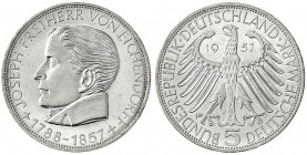 Gedenkmünzen
5 Deutsche Mark, Silber, 1952-1979
Eichendorff 1957 J. fast Stempelglanz. Jaeger 391.