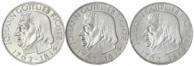 Gedenkmünzen
5 Deutsche Mark, Silber, 1952-1979
3 X Fichte 1964 J. alle prägefrisch. Jaeger 393.
