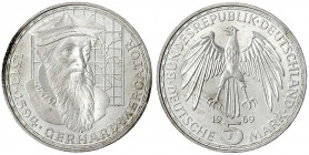 Gedenkmünzen
5 Deutsche Mark, Silber, 1952-1979
Mercator 1969 F. Mit langem "R".
prägefrisch. Jaeger 400 var.
