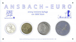 Euro
Eurovorläufer, 1996-2001
Ansbach Serie: 2,5 und 5 Euro Cu/Ni, 12,5 Euro und 25 Euro Silber 1998, zur 1250 Jahrfeier der Stadt. Gültig v. 4.4 bi...