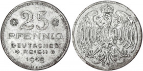 Kaiserreich
Reichskleinmünzen
25 Pfennig 1908 o. Mzz. Kupfer, versilbert, 4,66 g. Reichsadler, jedoch ohne das Mzz D/Wertziffer mit 4 Rosetten.
vor...