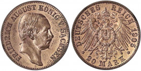 Kaiserreich
Sachsen
20 Mark 1905 E. Kupfer. Vorder- und Rückseite sowie Randschrift wie J. 268. 4,06 g.
fast Stempelglanz, äußerst selten. Schaaf 2...