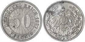 Weimarer Republik
50 Reichspfennig Kupfer/Nickel 1927 F, Adlerseite wie J. 16 (1/2 Mark), Wertseite ähnlich Jg. 324. 3,94 g
sehr schön, Rs, Material...