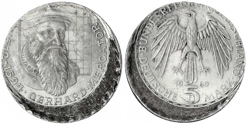 Bundesrepublik Deutschland
5 DM Mercator 1969 F, ca. 15 % dezentriert geprägt....