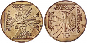 Bundesrepublik Deutschland
Probe v. Victor Huster zu 10 DM in Tombak 1990. 800 Jahre Deutscher Orden. Glatter Rand mit Nummerierung 7/55. 34 mm, 28,1...