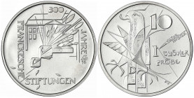 Bundesrepublik Deutschland
Probe v. Victor Huster zu 10 DM in Silber Piedfort 1998. Franckesche Stiftungen. Glatter Rand mit Nummerierung 17/20. 34 m...