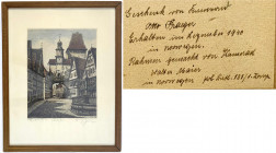 Sonstige militär. Gegenstände
Kolorierte Radierung "Markusturm" in Rothenburg ob der Tauber. Von Ernst Geissendörfer. Revers beschriftet als Geschenk...
