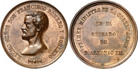 s/d (1875). Alfonso XII. Al ministro Romero Robledo. Medalla. (Ruiz Trapero 799) (V. 842). Grabador: L. Plañiol. Leves marquitas. Bella. Ex Colección ...