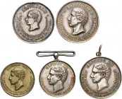 s/d (1876). Alfonso XII. Conjunto de 5 medallas de distinción distintas, dedicadas a las campañas de 1873 y 1874, cuatro en plata (13,08 g. y Ø34 mm c...