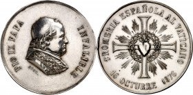 1876. Alfonso XII. Pío IX. Romería española al Vaticano. Medalla. Grabador: Asis. Golpe en canto. Plata. 28,54 g. Ø37 mm. EBC.