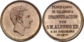 1877. Alfonso XII. Salamanca. Inauguración del Ferrocarril. Medalla. (RAH 676) (Ruiz Trapero 821) (V. 470). Grabador: G. Sellán. Bella. Muy escasa. Br...