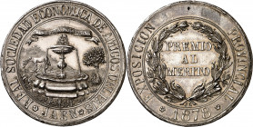 1878. Alfonso XII. Jaén. Exposición de la Real Sociedad Económica. Premio al Mérito. Medalla. Golpes. Rara. Plata. 21 g. Ø34 mm. EBC.