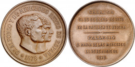 1878. Alfonso XII. Matrimonio y deceso de la reina doña María de las Mercedes. Medalla. (V. 850 anv). Bronce. 60,79 g. Ø51 mm. EBC.