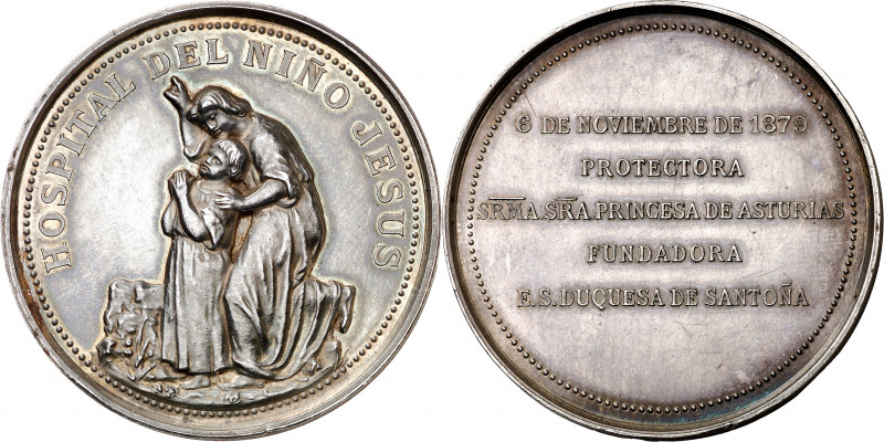1879. Alfonso XII. Madrid. Fundación del Hospital del Niño Jesús. Medalla. (Ruiz...