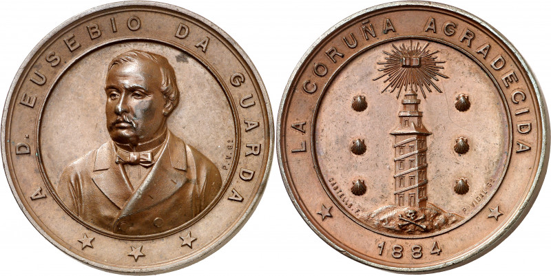 1884. Alfonso XII. A Coruña. A Eusebio da Guarda. Medalla. Grabador: P. Vidal y ...