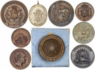 1875-1885. Alfonso XII. Conjunto de 9 medallas de Premio de distintas Sociedades y Exposiciones, algunas sin grabar. MBC+/EBC+.