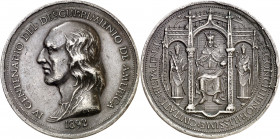 1892. Alfonso XIII. Sevilla. IV Centenario del Descubrimiento. Medalla. (V. 559 var metal). Grabador: E. López Lorenzis. Metal blanco. 49,20 g. Ø50 mm...