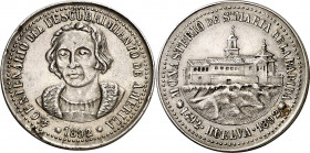 1892. Alfonso XIII. Huelva. IV Centenario del Descubrimiento. Medalla. Hojitas. Rara. Plata. 7,07 g. Ø25 mm. (EBC-).