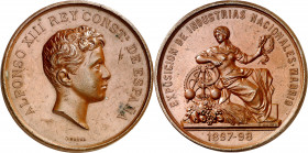 1897-1898. Alfonso XIII. Madrid. Exposición de Industrias Nacionales. Medalla. (V. 580). Grabador: B. Maura. Rayitas. Bronce. 61 g. Ø50 mm. MBC+.
