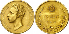 1902. Alfonso XIII. Medalla de Proclamación. (V. 598 var metal). Grabador: B. Maura. Leves rayitas. Muy rara. Oro. 22,44 g. Ø30 mm. EBC.
